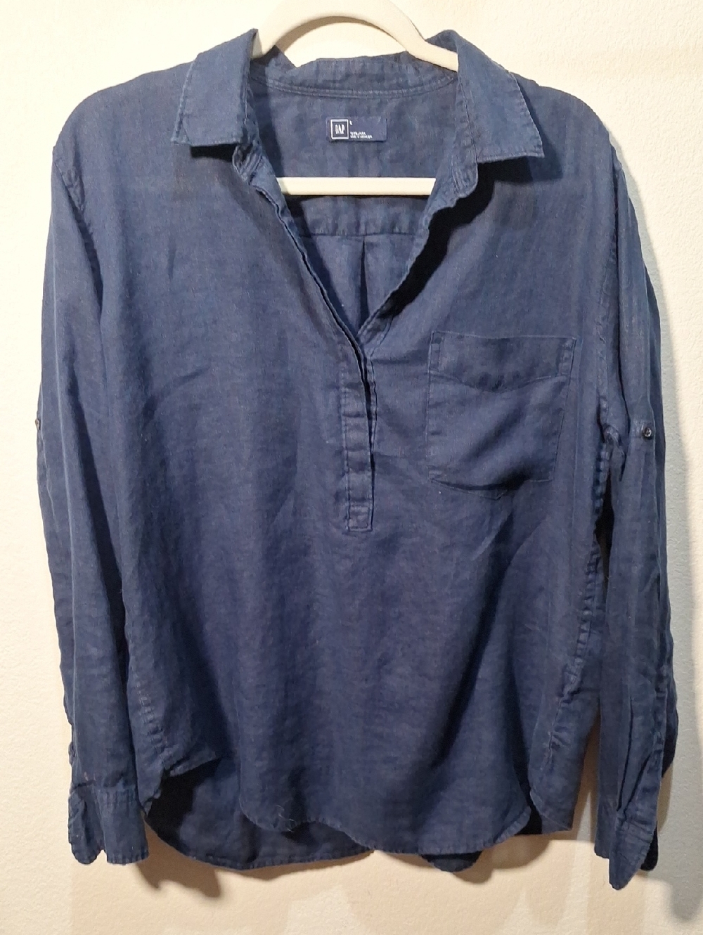 Gap Indigo Blue 100% Linen, Roll-up Popover Top, Women's Large